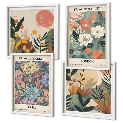 Conjunto de 4 quadros com moldura Pôsteres florais Paris Londres