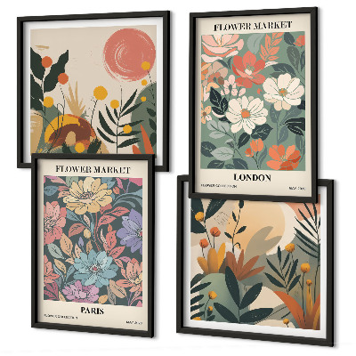 Conjunto de 4 quadros com moldura Pôsteres florais Paris Londres