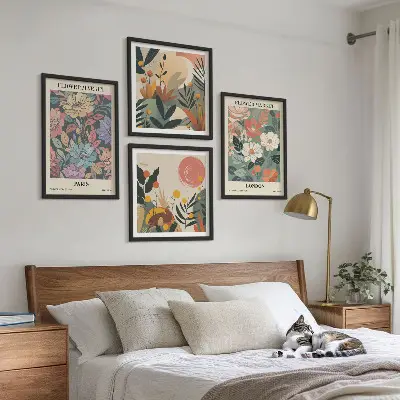Conjunto de 4 quadros com moldura com estampas florais de Paris e Londres