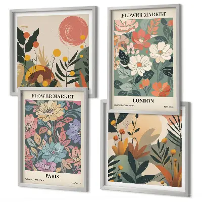 Conjunto de 4 quadros com moldura com estampas florais de Paris e Londres