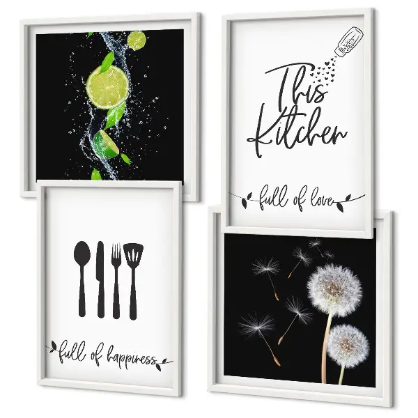 Políptico com moldura estampa de limões e dentes-de-leão para cozinha