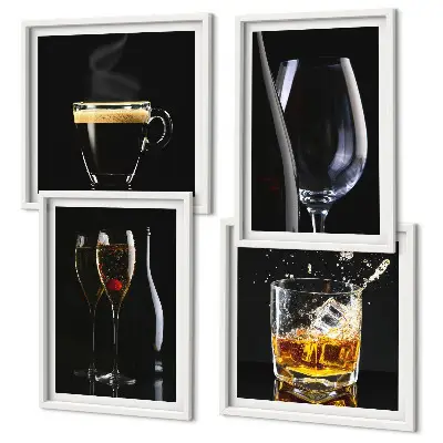 Composição de quadros com estampas de uísque, vinho, champanhe e café