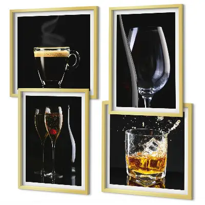 Composição de quadros com estampas de uísque, vinho, champanhe e café