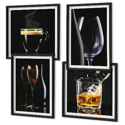 Composição de quadros com estampas de uísque, vinho, champanhe e café