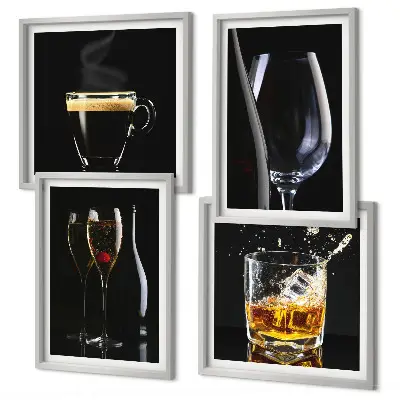 Composição de quadros com estampas de uísque, vinho, champanhe e café