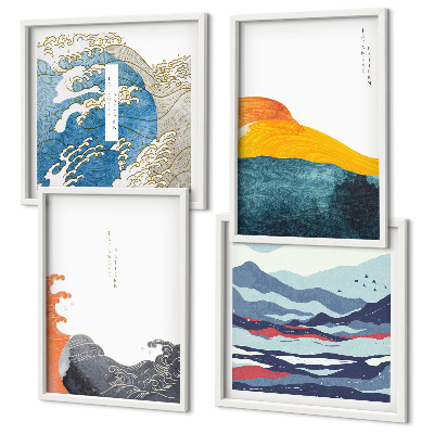 Conjunto de 4 quadros com moldura Ondas, arte gráfica japonesa
