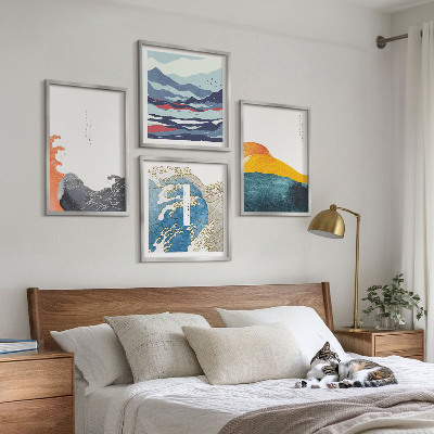 Conjunto de 4 quadros com moldura Ondas, arte gráfica japonesa