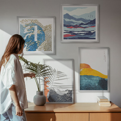 Conjunto de 4 quadros com moldura Ondas, arte gráfica japonesa