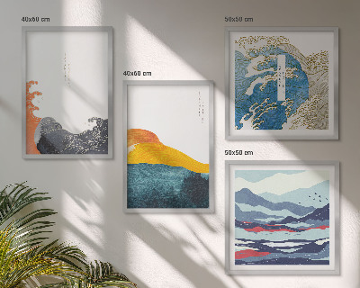 Conjunto de 4 quadros com moldura Ondas, arte gráfica japonesa