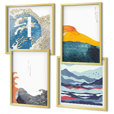 Conjunto de 4 quadros com moldura Ondas, arte gráfica japonesa