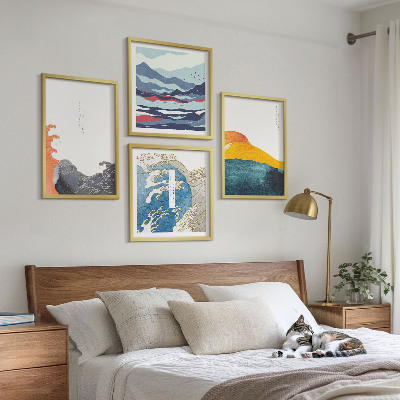 Conjunto de 4 quadros com moldura Ondas, arte gráfica japonesa