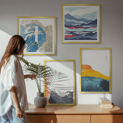 Conjunto de 4 quadros com moldura Ondas, arte gráfica japonesa