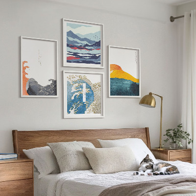 Conjunto de 4 quadros com moldura Ondas, arte gráfica japonesa