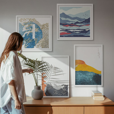 Conjunto de 4 quadros com moldura Ondas, arte gráfica japonesa