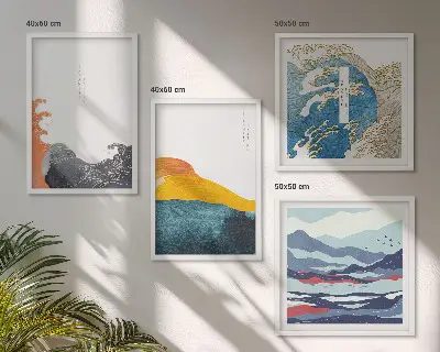 Conjunto de 4 quadros com moldura estampa de ondas com arte gráfica japonesa