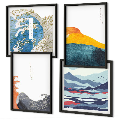 Conjunto de 4 quadros com moldura Ondas, arte gráfica japonesa