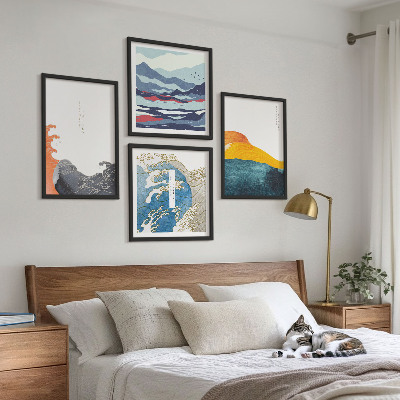 Conjunto de 4 quadros com moldura Ondas, arte gráfica japonesa