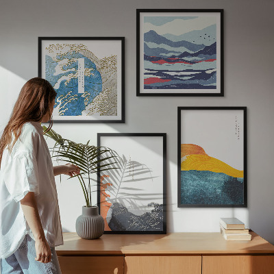 Conjunto de 4 quadros com moldura Ondas, arte gráfica japonesa