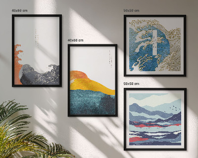 Conjunto de 4 quadros com moldura Ondas, arte gráfica japonesa