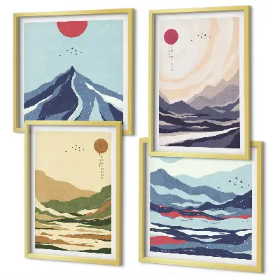 Composição de quadros montanhas em tons pastel com estilo japonês