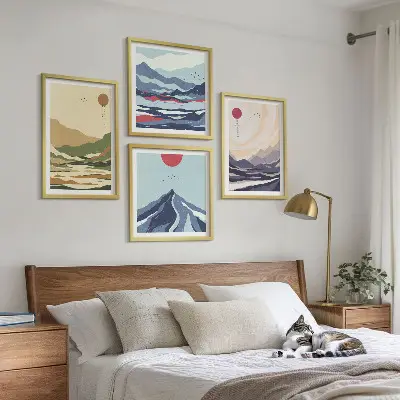 Composição de quadros montanhas em tons pastel com estilo japonês
