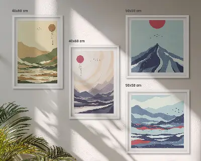 Composição de quadros montanhas em tons pastel com estilo japonês