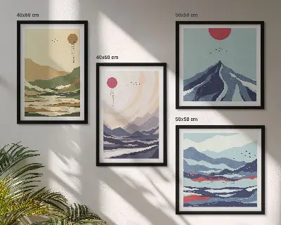 Composição de quadros montanhas em tons pastel com estilo japonês