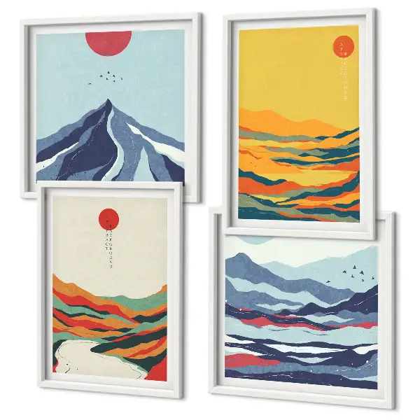 Conjunto de 4 quadros com moldura com estampa de montanhas fluviais abstratas e coloridas