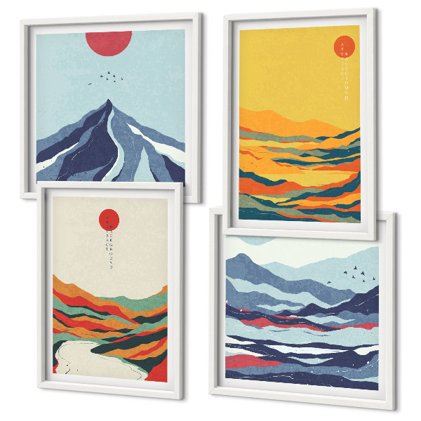 Conjunto de 4 quadros com moldura Montanhas fluviais abstratas e coloridas