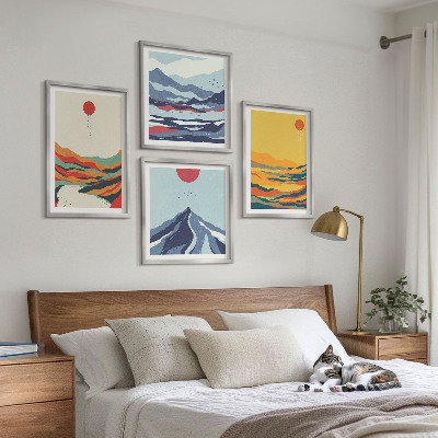Conjunto de 4 quadros com moldura Montanhas fluviais abstratas e coloridas