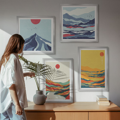 Conjunto de 4 quadros com moldura Montanhas fluviais abstratas e coloridas