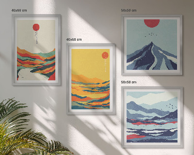 Conjunto de 4 quadros com moldura Montanhas fluviais abstratas e coloridas