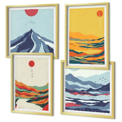 Conjunto de 4 quadros com moldura com estampa de montanhas fluviais abstratas e coloridas
