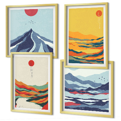 Conjunto de 4 quadros com moldura Montanhas fluviais abstratas e coloridas
