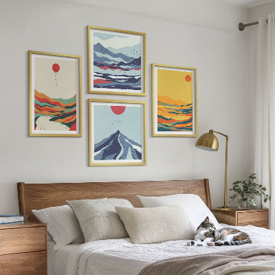 Conjunto de 4 quadros com moldura Montanhas fluviais abstratas e coloridas