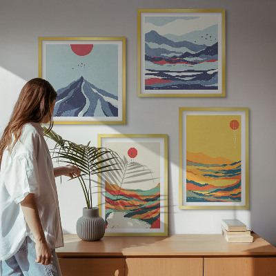 Conjunto de 4 quadros com moldura Montanhas fluviais abstratas e coloridas
