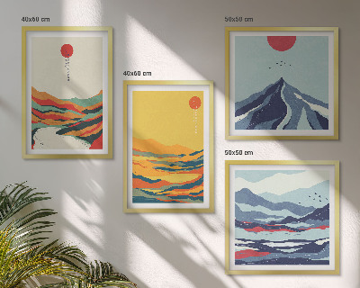Conjunto de 4 quadros com moldura Montanhas fluviais abstratas e coloridas