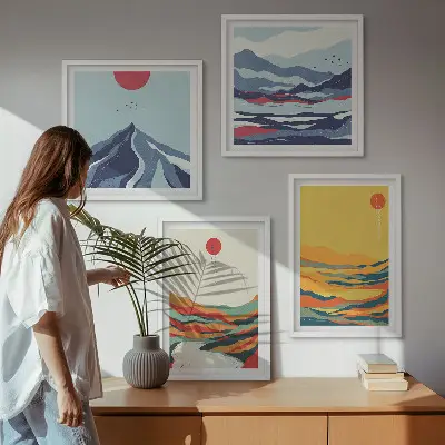 Conjunto de 4 quadros com moldura com estampa de montanhas fluviais abstratas e coloridas