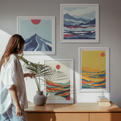 Conjunto de 4 quadros com moldura Montanhas fluviais abstratas e coloridas