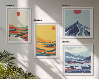 Conjunto de 4 quadros com moldura Montanhas fluviais abstratas e coloridas