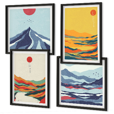 Conjunto de 4 quadros com moldura Montanhas fluviais abstratas e coloridas