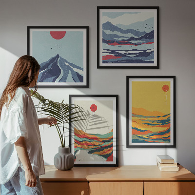 Conjunto de 4 quadros com moldura Montanhas fluviais abstratas e coloridas