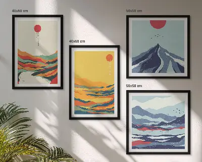 Conjunto de 4 quadros com moldura com estampa de montanhas fluviais abstratas e coloridas