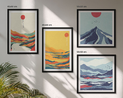 Conjunto de 4 quadros com moldura Montanhas fluviais abstratas e coloridas