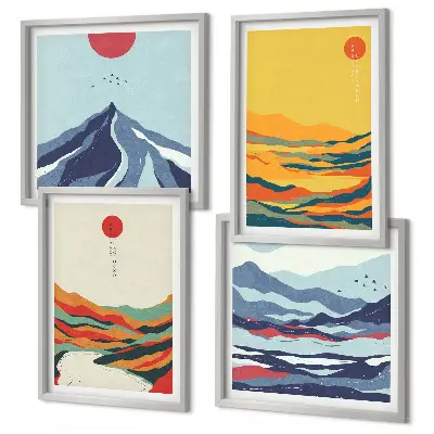 Conjunto de 4 quadros com moldura com estampa de montanhas fluviais abstratas e coloridas