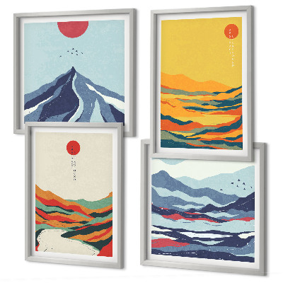 Conjunto de 4 quadros com moldura Montanhas fluviais abstratas e coloridas