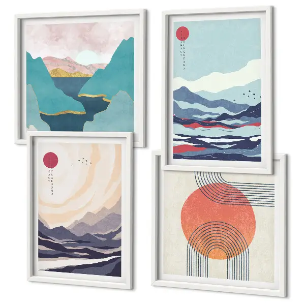 Conjunto de 4 quadros com moldura de paisagens montanhosas japonesas