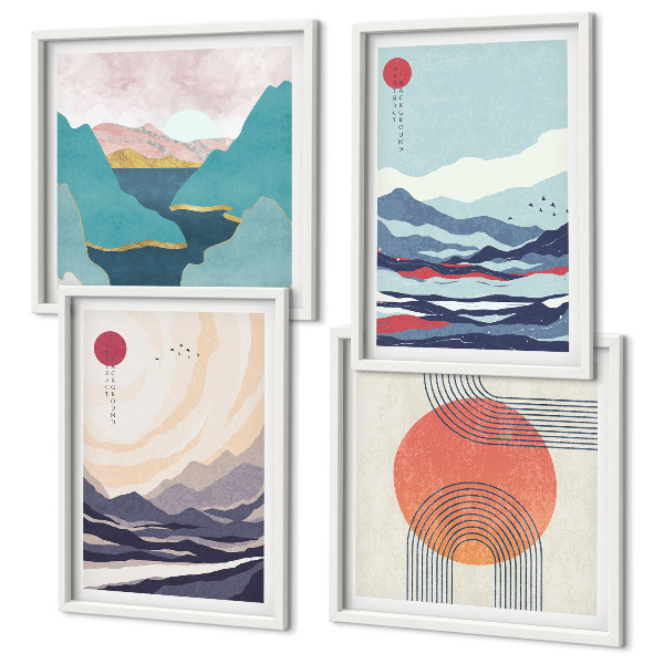 Conjunto de 4 quadros com moldura paisagens montanhosas japonesas