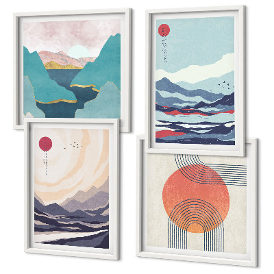 Conjunto de 4 quadros com moldura paisagens montanhosas japonesas
