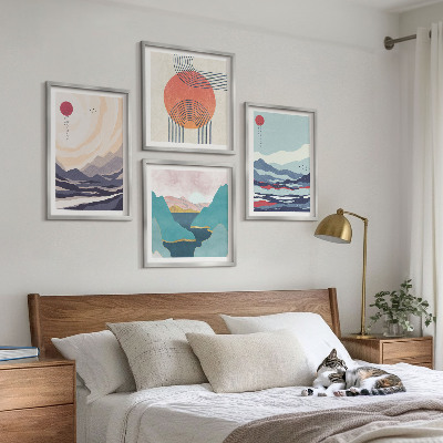 Conjunto de 4 quadros com moldura paisagens montanhosas japonesas